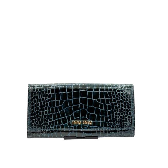 Miu Miu Hunter Green Croc Embossed Leather Wallet! Long Wallet!‎ EXCELLENT Cond - Picture 1 of 16